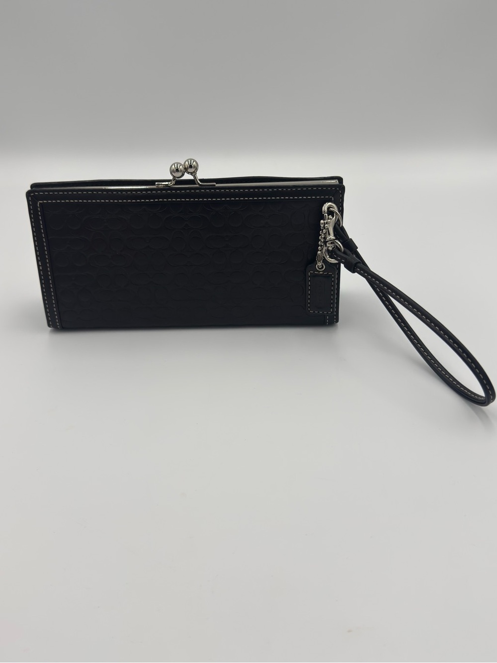 Coach Embossed Black Leather Wristlet with Kiss-Lock Closure & Dust Bag